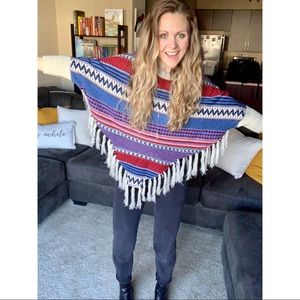 Patterned Poncho Sweater w/ Sleeves and Fringe